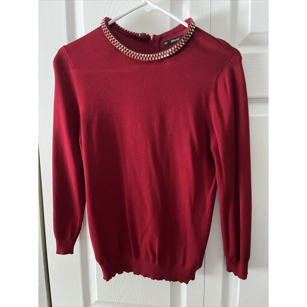 Zara Red Knit, Quarter-zip Long Sleeve Top With Gold Chain Neckline Detail (M)